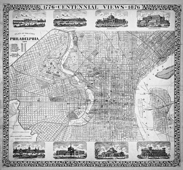 Philadelphia Art Print featuring the photograph Historic Map of Philadelphia Pennsylvania 1876 Black and White by Carol Japp