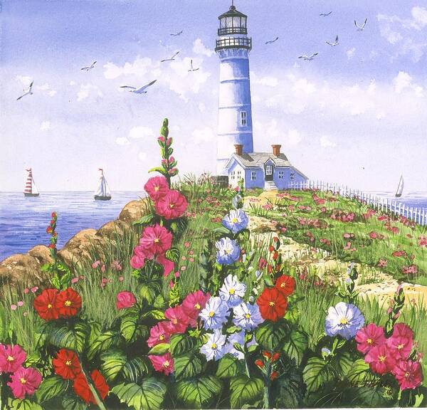 Lighthouse Art Print featuring the painting Lighthouse and Hollyhocks by Diane Phalen