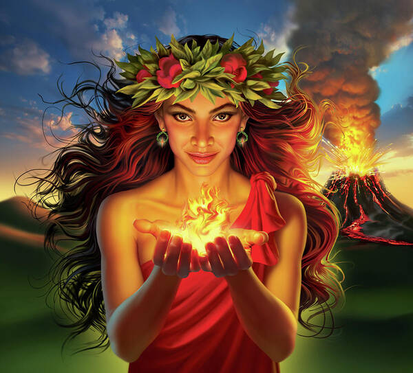 Pele Art Print featuring the digital art Pele Goddess of Volcanoes and Fire by Mark Fredrickson