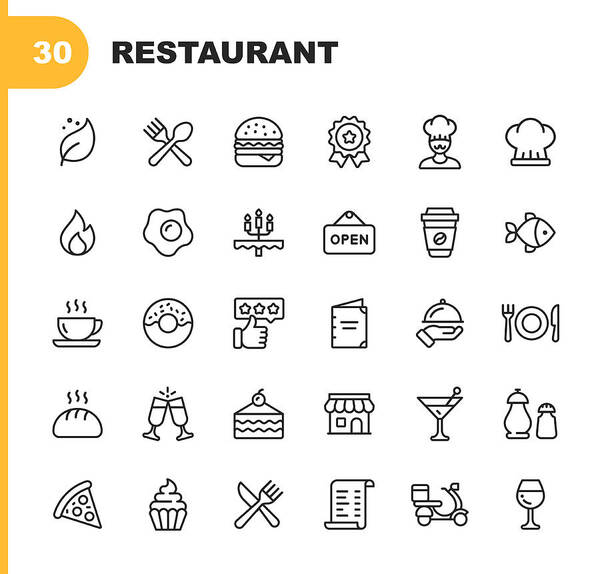 Breakfast Art Print featuring the drawing Restaurant Line Icons. Editable Stroke. Pixel Perfect. For Mobile and Web. Contains such icons as Vegan, Cooking, Food, Drinks, Fast Food, Eating.
. by Rambo182