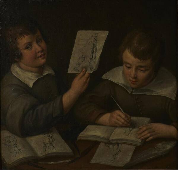 Two Boys Copying Callot Prints Art Print featuring the painting Two Boys Copying Callot Prints by Artistic Rifki
