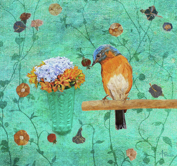 Bluebird Art Print featuring the painting Wrapped In Flowers by Angeles M Pomata