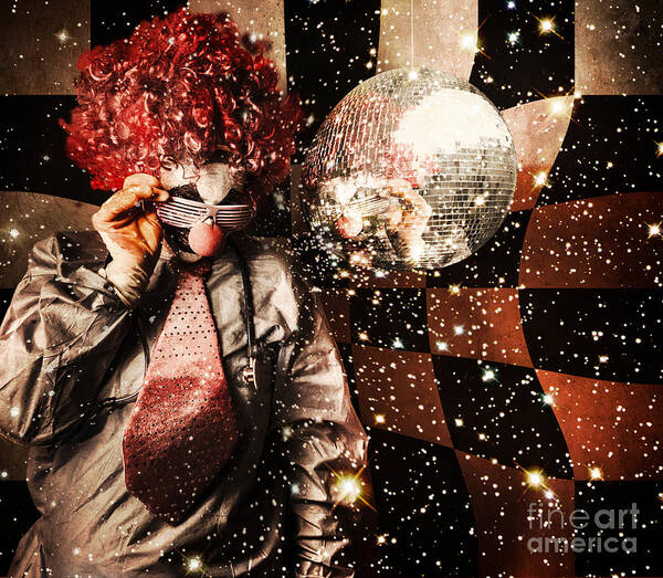 Crazy Art Print featuring the photograph 70s DJ clown spinning a nightclub turntable #1 by Jorgo Photography
