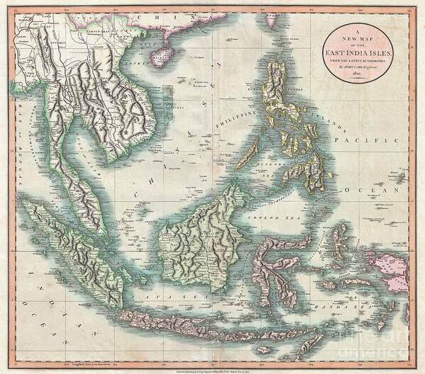 1855 COLTON MAP THE EAST INDIES SINGAPORE THAILAND BORNEO Canvas art Prints 