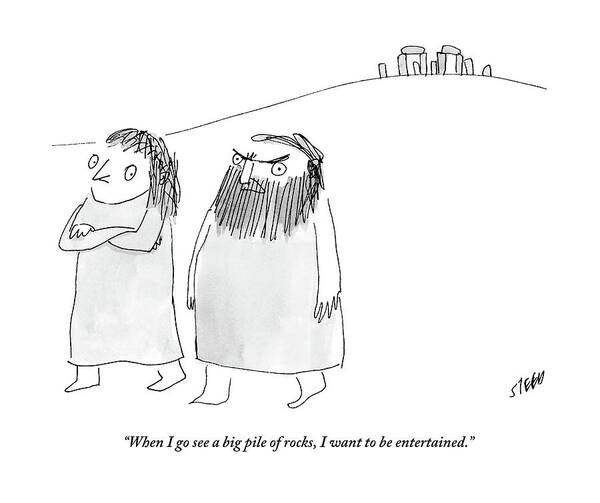 Stonehenge Art Print featuring the drawing A Caveman Man Grumpily Talks To His Cavewoman by Edward Steed