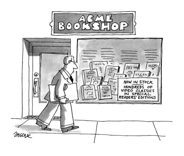 (a Man Passing A Bookshop With A Sign That Says Art Print featuring the drawing Acme Bookshop by Jack Ziegler