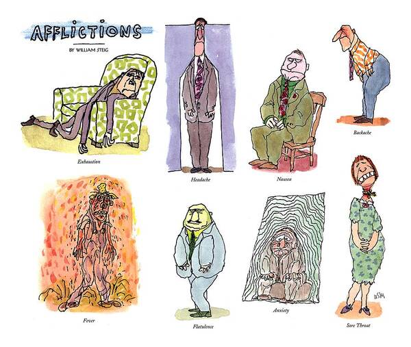 Afflictions
(eight Drawings Depicting Exhaustion Art Print featuring the drawing Afflictions by William Steig