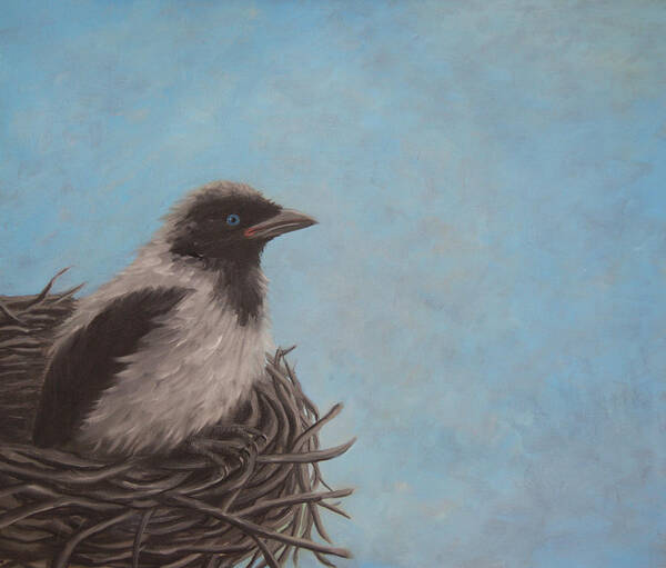 Crow Art Print featuring the painting Baby Crow by Tone Aanderaa
