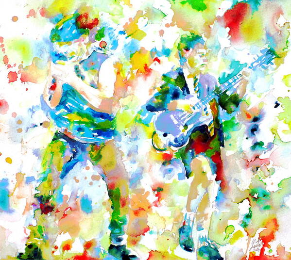 Angus Young Art Print featuring the painting BRIAN JOHNSON and ANGUS YOUNG - watercolor portrait by Fabrizio Cassetta