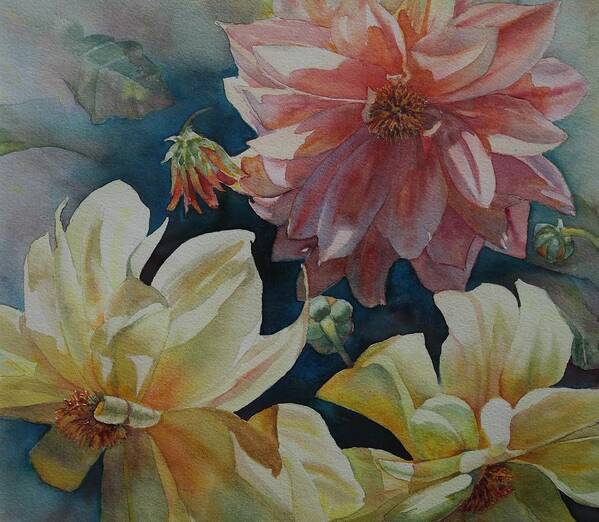 Flowers Art Print featuring the painting Cynthia's Dahlias by Ruth Kamenev