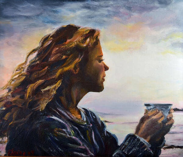Girl Art Print featuring the painting Evening Coffee by Elaine Berger