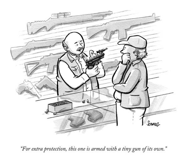 Gun Art Print featuring the drawing For Extra Protection by Benjamin Schwartz