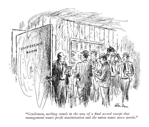 
 (man Coming Out Of Conference Room Makes Announcement To Reporters.)business Art Print featuring the drawing Gentlemen, Nothing Stands In The Way Of A Final by Alan Dunn
