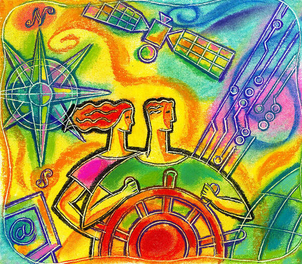 Dventure Ampersand Choices Circuit Circuitry Compass Compass Rose Computer Computers Couple Cyber Cyberspace Develop Economy Future Global Globe International Man Marriage Modern Navigate Orientation Satellite Satellites Screen Steer Steering Steering Wheel Vacation Wheel Wheels Woman Worldwide Art Print featuring the painting In charge by Leon Zernitsky