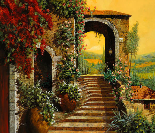 Archlandscapeguido Borelliorange Skytuscanywinevineyardfinr Artoilcanvasyellow Skymade In Italy Art Print featuring the painting Le Scale E Il Cielo Giallo by Guido Borelli