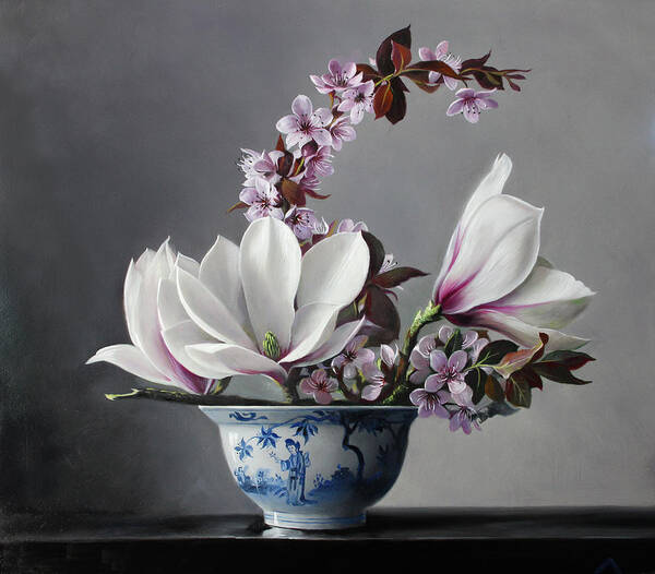 Flowers Art Print featuring the painting Magnolia and Apple Blossem by Pieter Wagemans