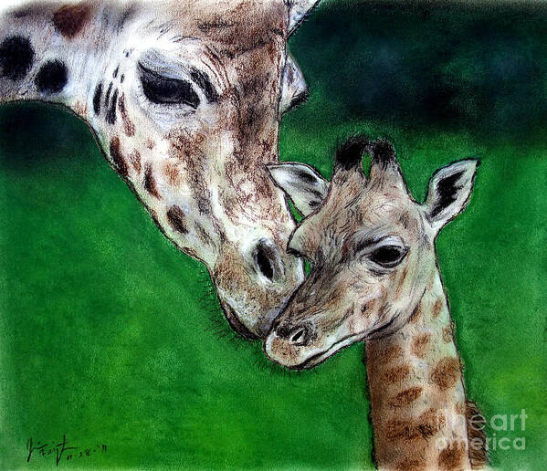 Mother And Baby Giraffe Art Print featuring the painting Mother and Baby Giraffe by Jim Fitzpatrick