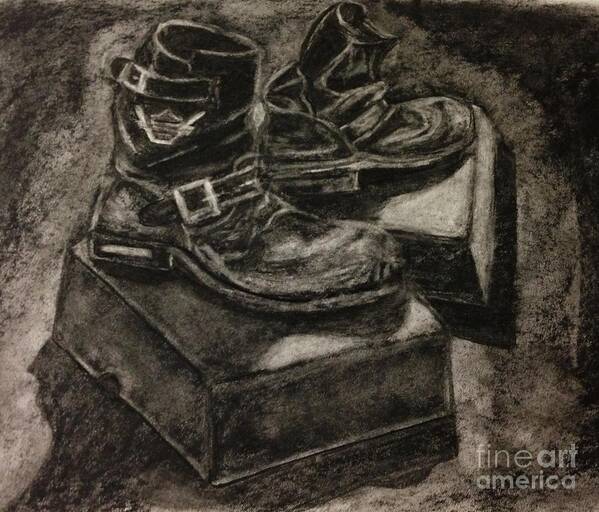Charcoal Art Print featuring the drawing Old Harley Boots by Brigitte Emme