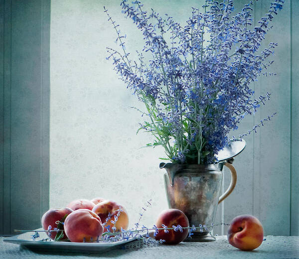 Still Life Art Print featuring the photograph Peaches and Blues by Maggie Terlecki