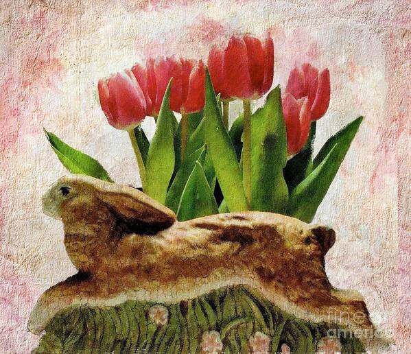 Rabbit Art Print featuring the photograph Rabbit and Pink Tulips by Janette Boyd