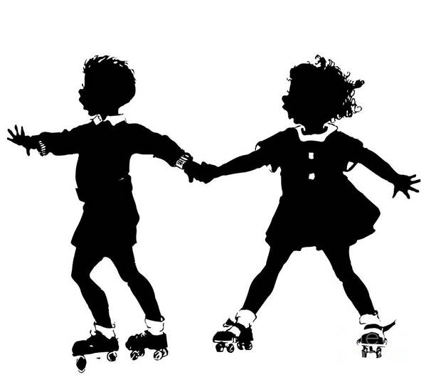 Children Rollerskating Art Print featuring the digital art Silhouette of Children Rollerskating by Rose Santuci-Sofranko