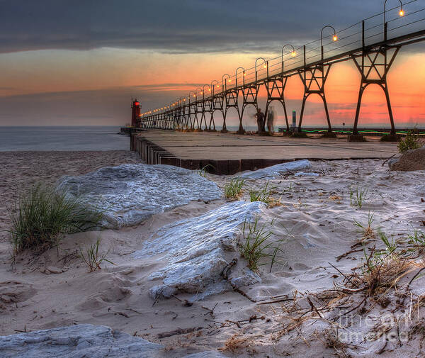 South Haven Art Print featuring the photograph South Haven Beach and Lighthouse by Twenty Two North Photography