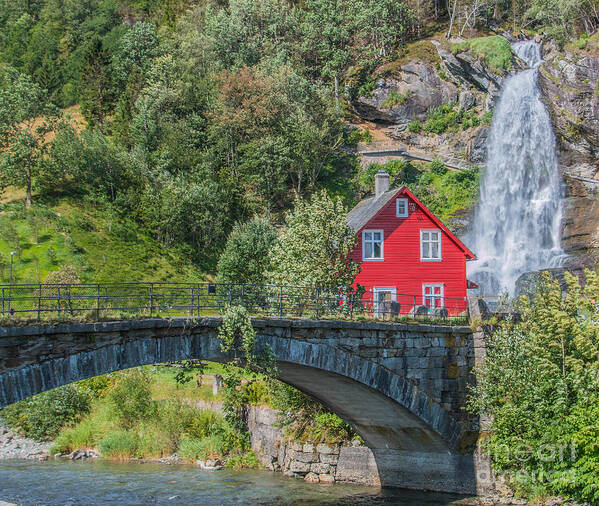 Summer Art Print featuring the photograph Red wooden House in front of a Waterfall in Norway by Amanda Mohler