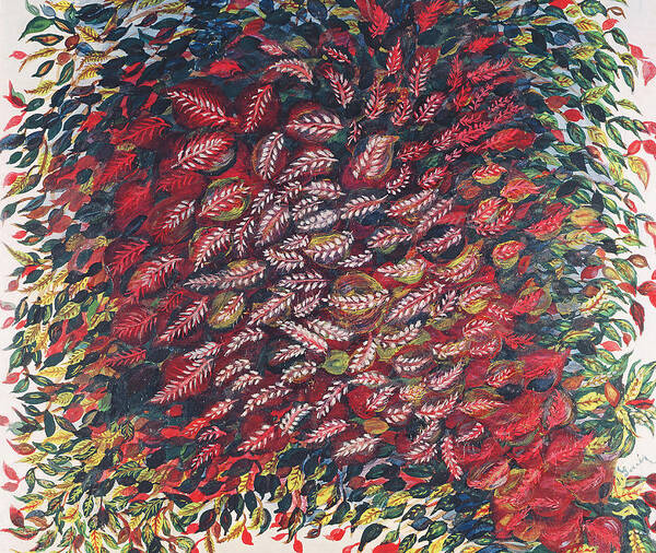 L'arbre Rouge; Bird; Leaves; Feathers; Naive; Autumn; Autumnal; Fall; Tree; Trees; Bright; Bold; Color; Colors; Colorful; Red; Yellow; Green; Pattern; Patterns; Detail; Detailed; Details; Twentieth Century; 20th C; Contemporary Art; Contemporary; French; French Art; French Artist; Leaves; Season; Seasons; Seasonal; Motion; Movement; Plants; Painting; Pattern; Art Print featuring the painting The Red Tree by Seraphine Louis