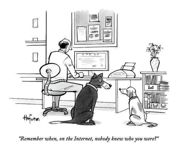 Remember When Art Print featuring the drawing Two Dogs Speak As Their Owner Uses The Computer - by Kaamran Hafeez