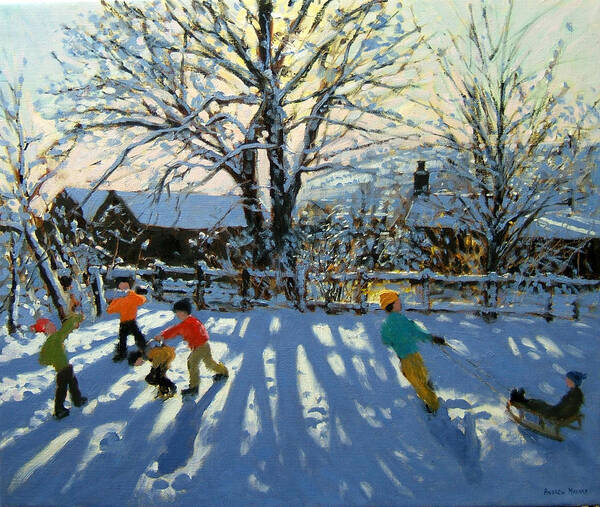 Sledge Art Print featuring the painting Fun in the snow by Andrew Macara