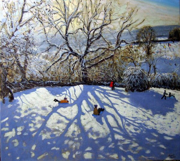 Sledge Art Print featuring the painting Large tree and tobogganers by Andrew Macara