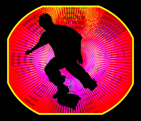 Skateboard Skate+boarding Sports Athletic Stunts Art Print featuring the painting Skateboarding on Fluorescent Starburst by Elaine Plesser