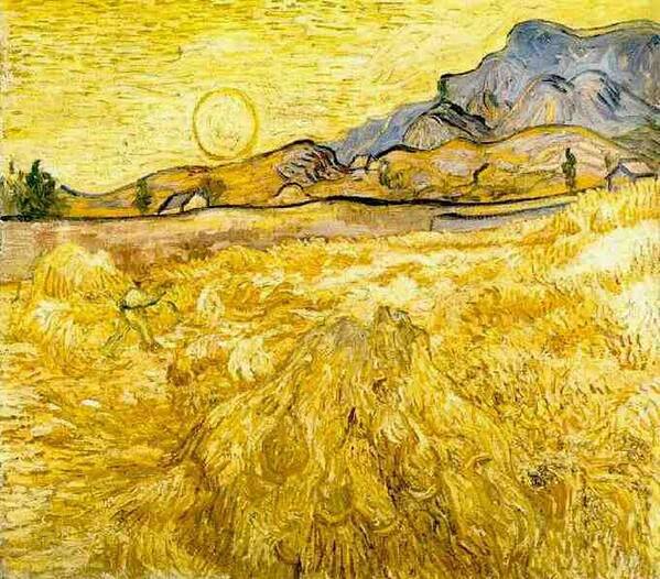 Wheat Field With Reaper And Sun Art Print featuring the digital art Wheat Field with Reaper and Sun by Vincent Van Gogh
