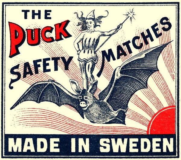 Bat Art Print featuring the digital art Antique Puck Riding Bat Swedish Matchbox Label by Retro Graphics