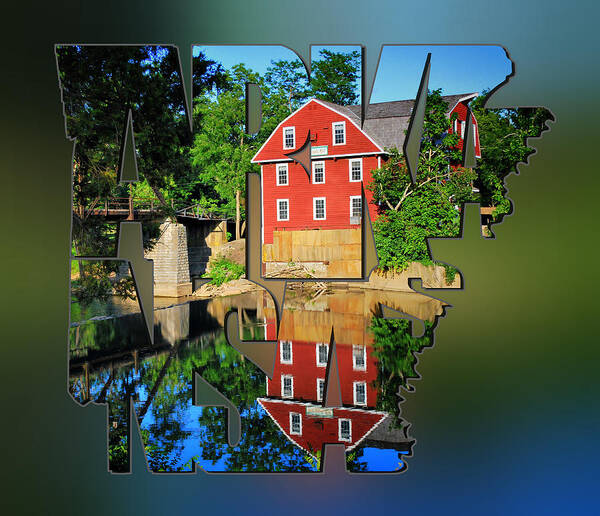 Arkansas Art Print featuring the photograph Arkansas Typography Blur - State Shapes Series - War Eagle Mill and Bridge - Arkansas by Gregory Ballos
