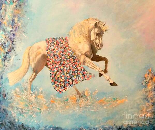 Unicorn With Flowers Art Print featuring the painting Cinderellas Unicorn by Dagmar Helbig