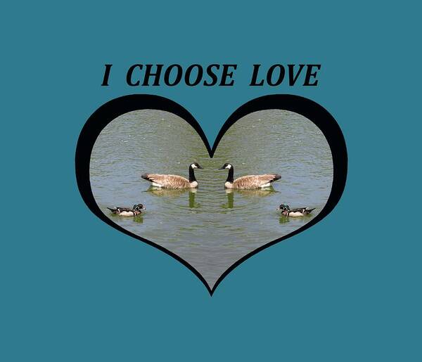 Love Art Print featuring the digital art I Choose Love with a Spoonbill Duck and Geese on a pond in a Heart by Julia L Wright