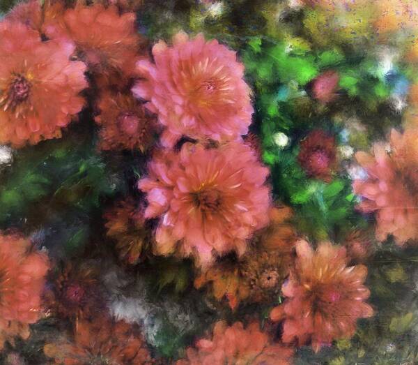 Mums Art Print featuring the painting Bronze and Pink Mums by Sand And Chi