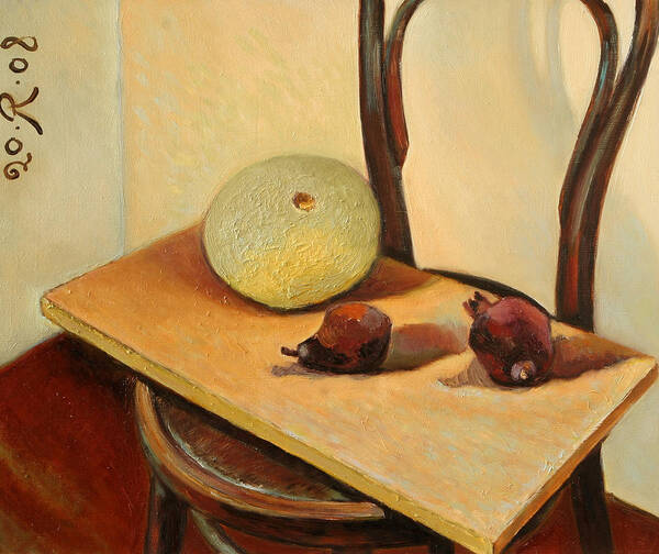 Still-life Interior Desiccated Fruit Chair Art Print featuring the painting It's beautiful desiccated fruit by Raimonda Jatkeviciute-Kasparaviciene 