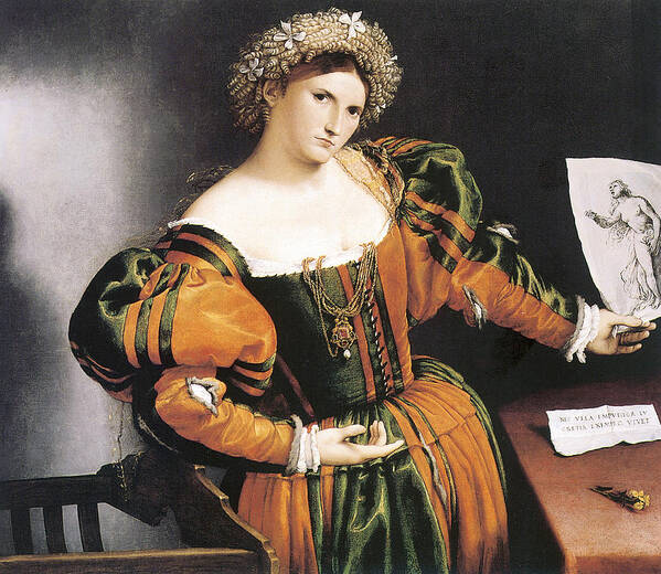 Lady With A Drawing Of Lucretia Art Print featuring the painting Lady with a Drawing of Lucretia by Lorenzo Lotto