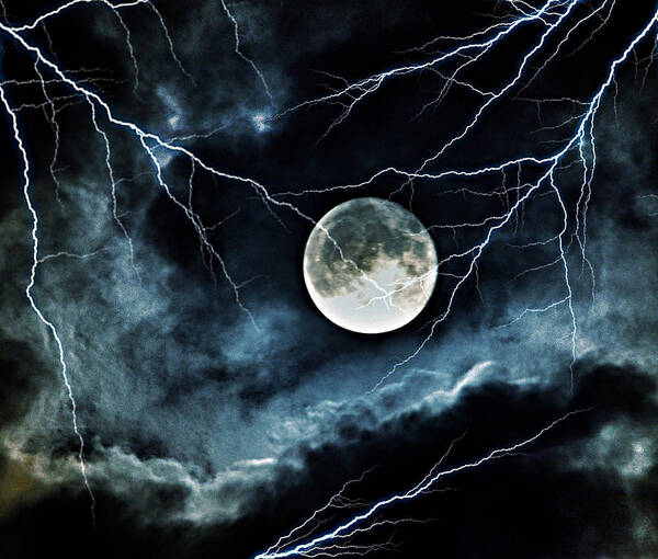 Lightning Sky At Full Moon Art Print featuring the photograph Lightning Sky at Full Moon by Marianna Mills
