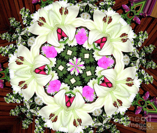 Lily Carnation And Daisy Kaleidoscope Mandala Art Print featuring the photograph Lily Carnation And Daisy Kaleidoscope Mandala by Rose Santuci-Sofranko