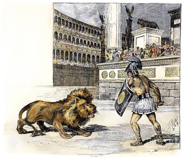 Ancient Art Print featuring the photograph Lion & Gladiator by Granger