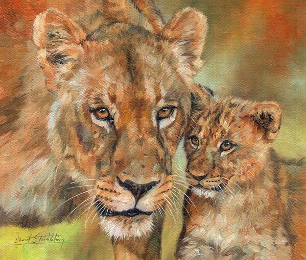 Lion Art Print featuring the painting Lioness and Cub by David Stribbling