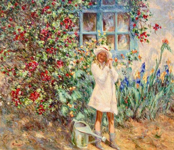 Little Girl With Roses Art Print featuring the painting Little girl with roses by Pierre Dijk