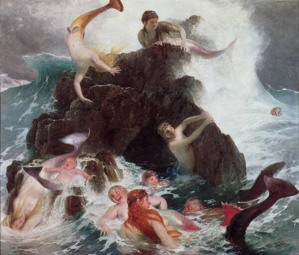 Mermaid; Sirens; Siren; Water Baby; Frolicking; Fun; Ocean; Rocks; Leaping; Jumping Art Print featuring the painting Mermaids at Play by Arnold Bocklin