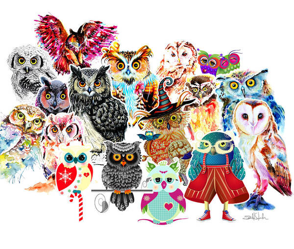 Bird Art Print featuring the painting Owls Collage By Isabel Salvador by Isabel Salvador