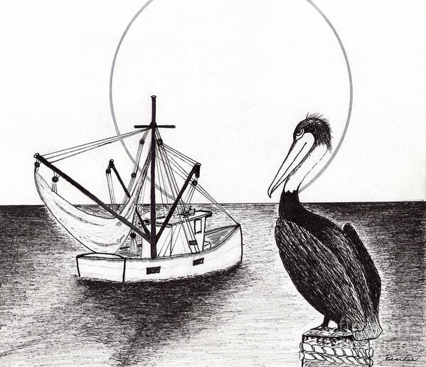 Pelican Art Print featuring the drawing Pelican Fishing Paradise C1 by Ricardos Creations