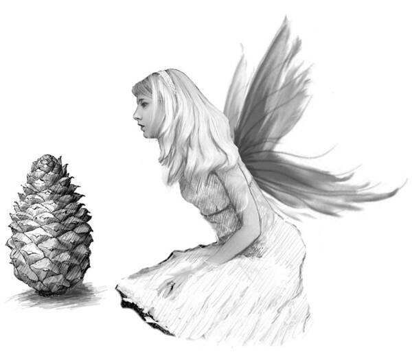 Pine Tree Art Print featuring the digital art Pine Tree Fairy with Pine Cone B And W by Yuichi Tanabe