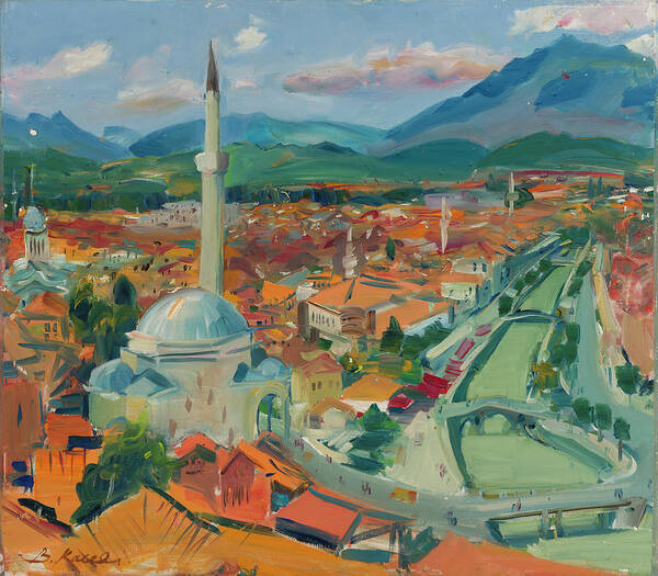 Prizren From Above Art Print featuring the painting Prizren from Above, Kosovo by Buron Kaceli